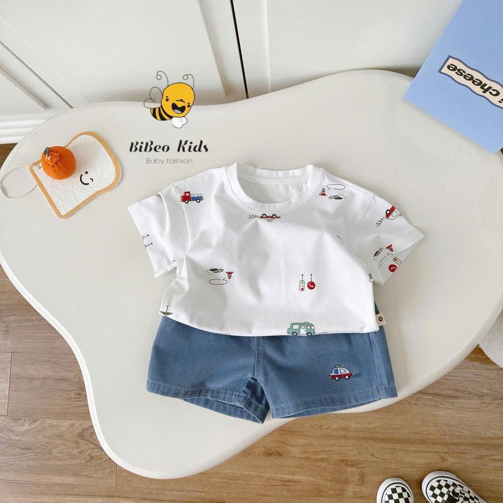 [BiBeo Kids]Bộ quần áo cộc tay BIỂN BÁO VÀ Ô TÔ quần Bò thêu áo chất COTTON 4 chiều siêu co giãn