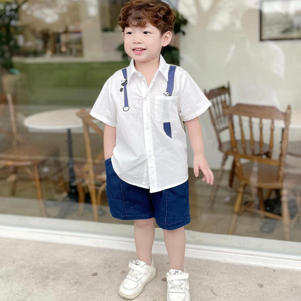 Bộ quần áo SƠ MI GẤU TRÚC  TRẮNG QUẦN BÒ XANH cho bé siêu bảnh trai [1 - 6 tuổi]