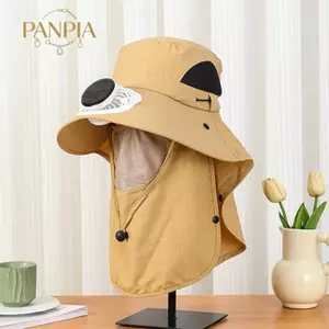 PNPIA- Mũ quạt năng lượng mặt trời vành rộng dành cho nam có khăn choàng Ne Mũ làm mát chống tia cực tím để du lịch ngoài trời và câu cá