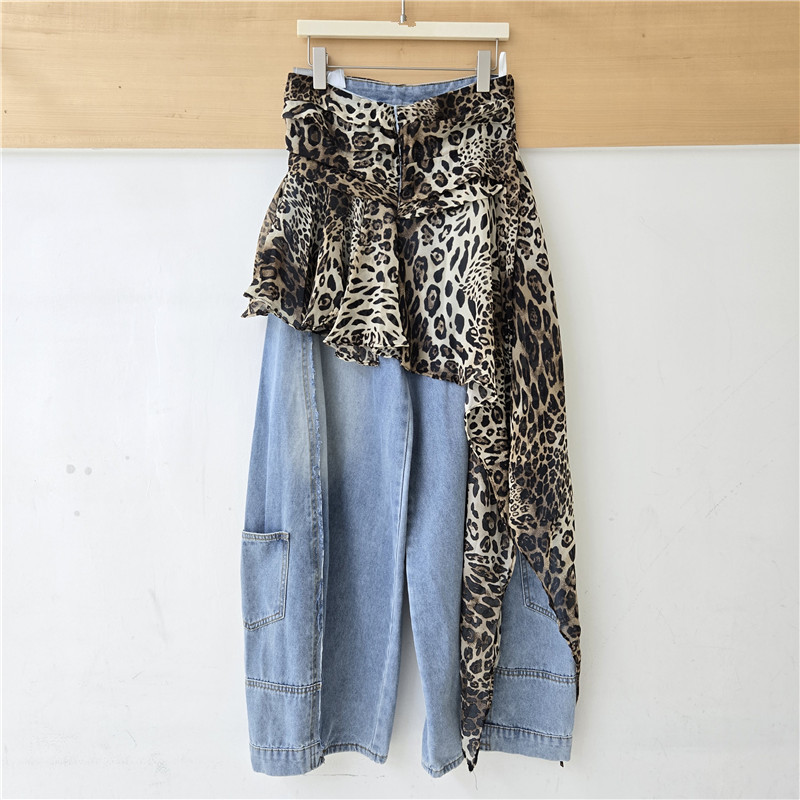 2026 Xuân Thu Thiết Kế Sense Niche Giải Cấu Trúc Da Báo Khâu Váy Denim Nữ Hot Girl Streamer Màu Sắc Tương Phản Rộng-Le