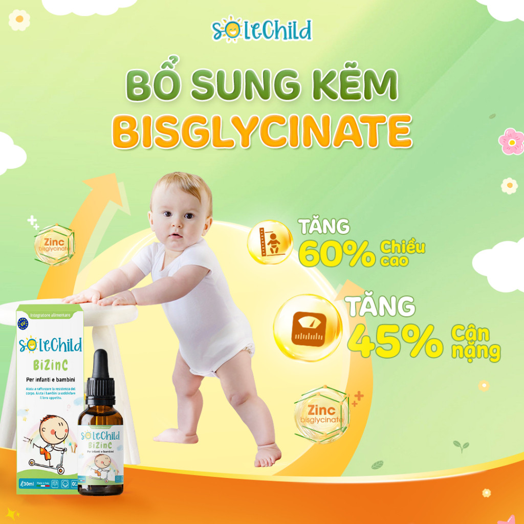 Kẽm Ăn Ngon Cho Bé SOLECHILD BiZinC 30ml Giúp Bé Ăn Nhiều Tăng Cân, Đề Kháng Khỏe, Giảm Ốm Vặt