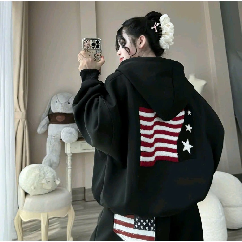 Áo khoác nỉ  Hoodie díp Nỉ Unisex Form Rộng, Áo Hoodie Form - Áo khoác Nhiều Màu Nam Nữ Tay Phồng- Lá Cờ Mỹ