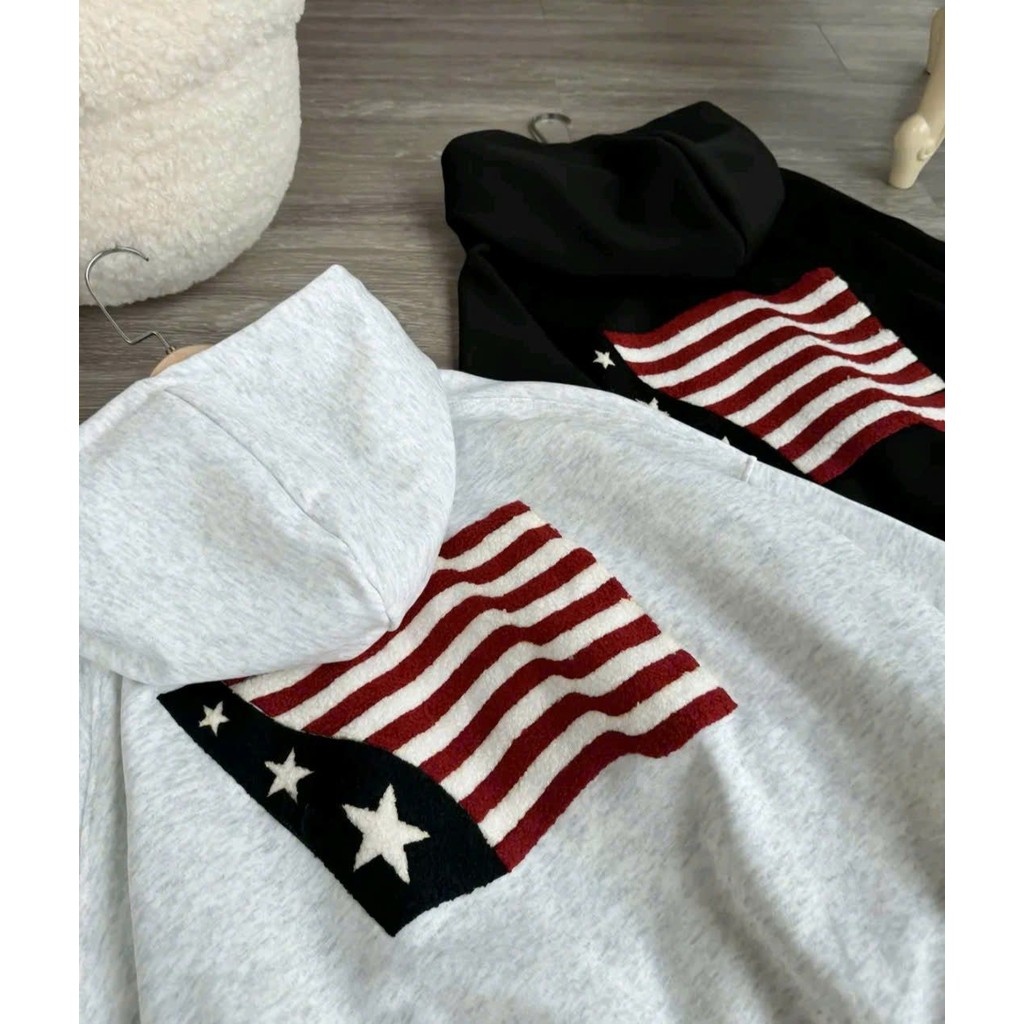 Áo khoác nỉ  Hoodie díp Nỉ Unisex Form Rộng, Áo Hoodie Form - Áo khoác Nhiều Màu Nam Nữ Tay Phồng- Lá Cờ Mỹ