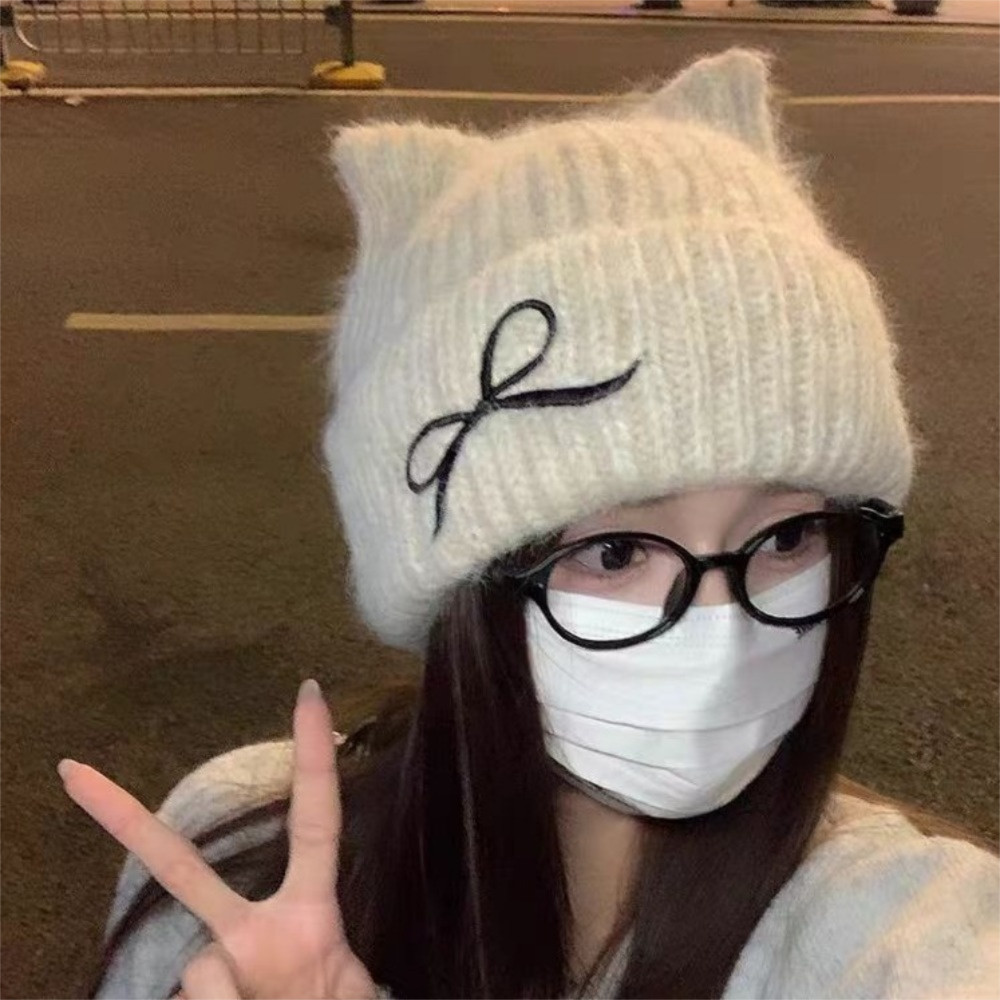 Mũ beanie dệt kim HOBBYIN tai mèo, thời trang mùa đông ấm áp