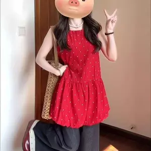 Phong cách Hàn Quốc Mùa hè Siêu đẹp Giảm tuổi Phong cách nụ hoa không tay màu đỏ chấm bi Váy Vest nữ hàng đầu