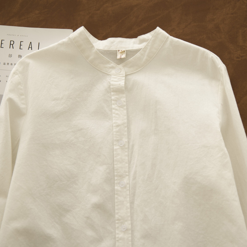 [Hàng có sẵn] Áo sơ mi nữ cotton Xuân Thu cổ đứng dài tay phong cách đại học, áo thẳng xuyên thấu