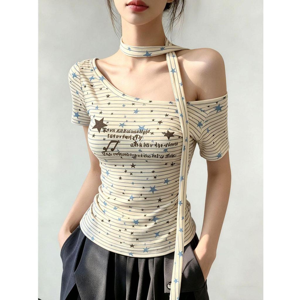 [Seckill trong thời gian có hạn] Áo thun ngắn tay cổ tròn in họa tiết lệch vai Hot Girl Sli