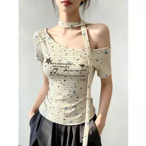 Áo thun ngắn tay cổ tròn in họa tiết lệch vai Hot Girl Sli