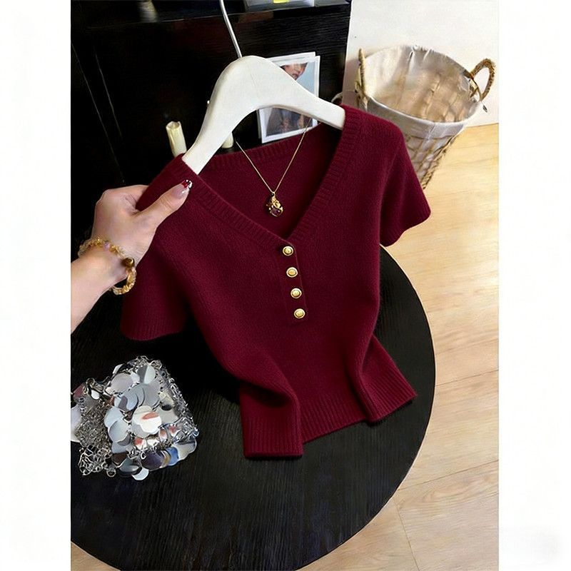 Mùa hè Phong cách mới kiểu Pháp Niche Áo len ngắn cổ chữ V cao cấp dành cho nữ, Màu xám đơn giản Slim-fit Slimer trông sang trọng hơn, Áo thun đi lại thời trang thường ngày hai