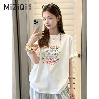 [MIZIQI] Áo thun ngắn tay dáng rộng Cotton nguyên chất dành cho nữ, Áo cổ tròn in hình phong cách đơn giản