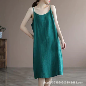 Cotton Nguyên Chất Không Tay Áo Nữ Mùa Xuân Plus Size Quần Áo Nữ Rời Bên Trong Vải Lanh Cotton Giữa Chiều Dài Váy Nữ 5.26