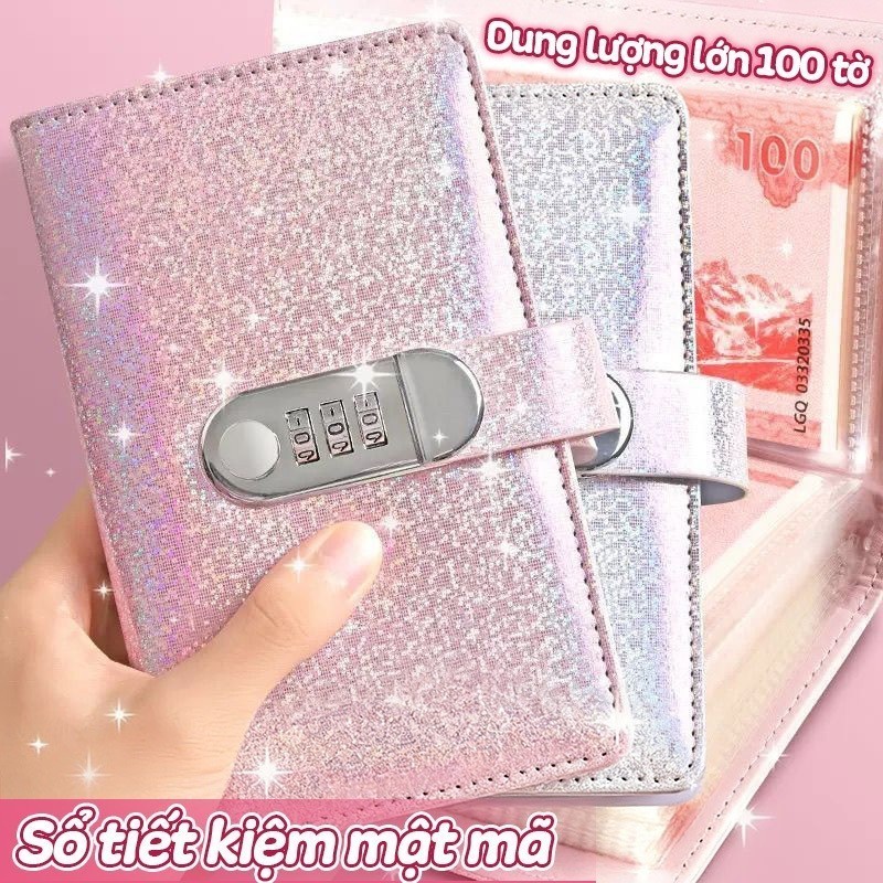 Sổ tiết kiệm đựng tiền dễ thương có khóa hành trình 100 ngày tiết kiệm lấp lánh quà tặng siêu xinh
