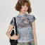 Milyfashion Retro Gạc Hoạt Hình In Hình Áo Thun Ngắn Tay Mùa Hè Phong Cách Mới Slim-Fit Slimmer Nhìn Ngắn Top baby tee Y2K MYR5