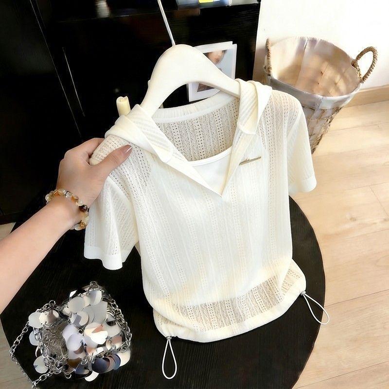 [Thời gian có hạn Seckill] Áo Hoodie dệt kim lụa băng mùa hè dành cho nữ Thiết kế rỗng Áo thun dây rút eo hẹp mỏng hơn Áo chống nắng