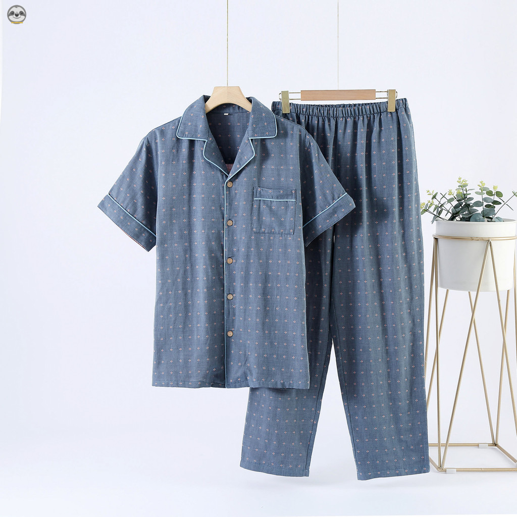 Phong cách Nhật Bản Muji Style / Bộ đồ ngủ gạc hai lớp Cotton nguyên chất chấm bi mùa hè cho nam / Bộ đồ quần ngắn tay mỏng mùa xuân thu / Có thể mặc bên ngoài phòng chờ