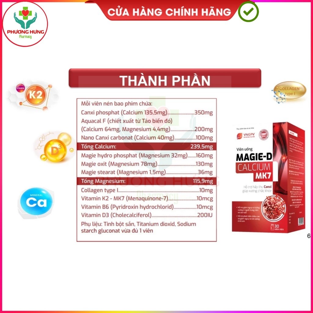 Magie-D Calcium MK7 Bổ Sung Canxi/Calci Hữu Cơ, Không Lắng Cặn Cho Xương Chắc Khỏe - Hộp 15v, 60v