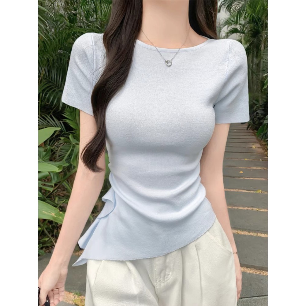 SUXI Áo thun dệt kim ngắn tay màu trơn nhẹ nhàng dành cho nữ mùa hè mới 260603