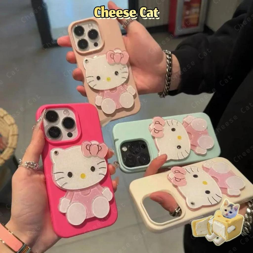 Gương trang điểm trượt Kitty + Ốp điện thoại phủ đá cuội cho iPhone 11 12 13 14 15 16 17 Pro Max 7 Plus Xs Max XR