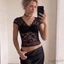 MAPLEPOET-Áo thun ren cổ chữ V dành cho nữ tay ngắn nhìn xuyên qua vỏ sò trang trí thanh lịch Slim Fit Crop Tops