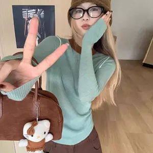 ECK Nữ Thời Trang Retro Màu Sắc Tương Phản Tròn Ne Dài Tay Áo Len Dệt Kim Mỏng HOT