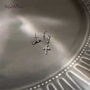 AqToCna Cá Tính Bất Đối Xứng Chữ Thập Bông Tai Dành Cho Nữ Sáng Bóng Zircon Chữ Thập Mặt Dây Chuyền Vòng Bông Tai Hip Hop Punk Thời Trang Bông Tai Phụ Kiện Trang Sức AqToCna