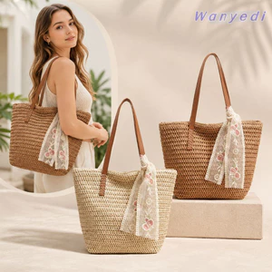 Túi đi biển WANYEDI, Túi đeo vai dệt dung tích lớn màu trơn, thời trang rỗng thủ công với túi xách ruy băng ren mua sắm du lịch