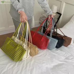 Túi Tote dệt YOLOGO, Túi đeo vai rỗng dung tích lớn bằng da PU, Rỗng ra 25x17x12cm có túi bên trong Túi xách da PU Mua sắm