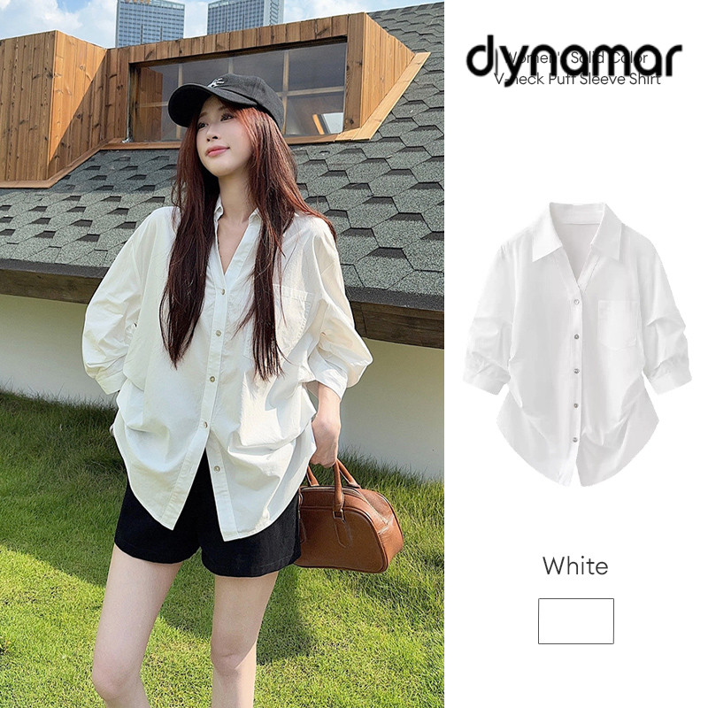 【dynamar】Áo sơ mi cổ V thiết kế nhúm eo tôn dáng trẻ trung chất liệu Thô Cotton Hàn thoáng mát