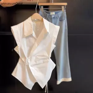 AA Pháp Tính Khí Ve Áo Áo Sơ Mi Không Tay Sang Trọng Không Đều Eo cinching Top Dành Cho Nữ VN