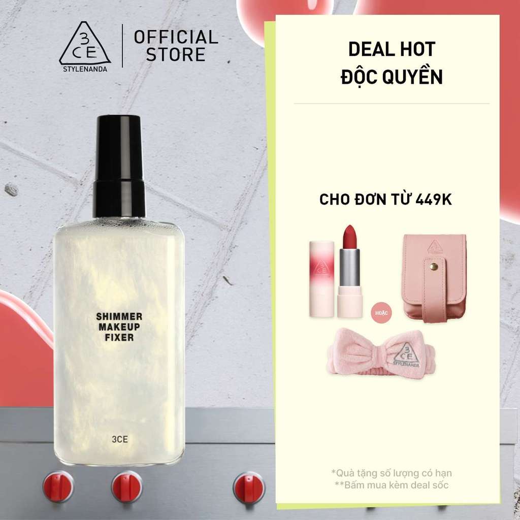 Xịt Khóa Nền 3CE Shimmer Makeup Fixer Tia Sương Mỏng Nhẹ, Bền Chắc Lâu Trôi, Hiệu Quả Giữ Ẩm Căng Bóng