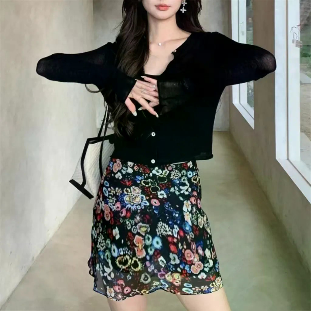 Váy ngắn hoa cổ điển lãng mạn dành cho nữ mùa hè Váy chữ A lưng cao đa năng mới