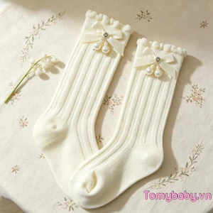 Tất bé gái có nơ ngọc trai Tất bắp chân giữa dễ thương cho mùa xuân thu