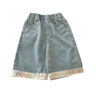Mùa Hè Mỏng Phong Cách Thoáng Khí Bé Gái Denim Crop Quần Bé Gái Ren Trang Trí Co Giãn Eo Trẻ Em Rời Quần Thường Ngày