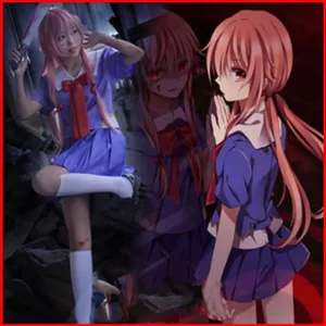 YB1 Nhật Ký Tương Lai Trang Phục Hóa Trang Mirai Nikki Gasai Yuno Áo Khoác Halloween Thể Hiện Đồng Phục Bộ Tóc Giả Nơ BY1