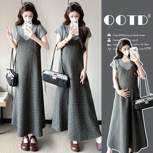 Bộ đồ bà bầu Váy hoa thông thường mùa hè + Bộ đồ hai mảnh tay ngắn dáng rộng đơn giản