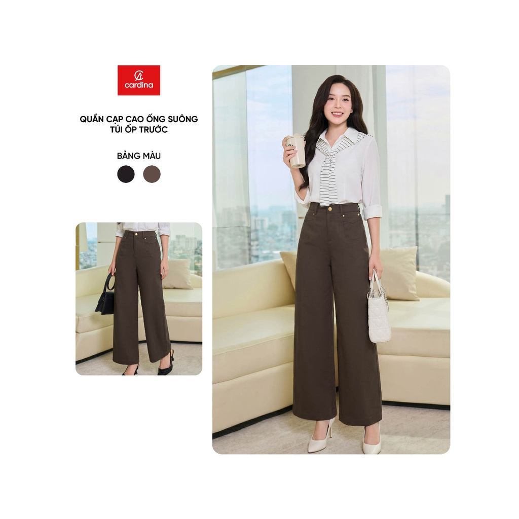 Quần dài nữ CARDINA chất liệu chéo XHS cạp cao ống suông túi ốp trước 6QDT17