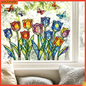 Linh hồn| Miếng Dán Cửa Sổ Không Keo Dán Cửa Sổ Mùa Xuân Mùa Hè Tulip Dán Cửa Sổ Kính Màu Hoa Bướm Dán Đề Can Trang Trí Hai Mặt Cho Gia Đình Cho Đông Nam