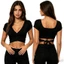 MAPLEPOET-Áo thun ngắn tay mùa hè quấn chéo cổ chữ V màu trơn có gân Slim Fit Crop Tops