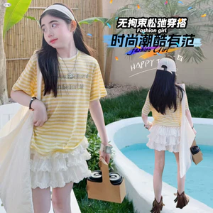 Áo thun ngắn tay sọc mỏng cho bé gái Mùa hè Phong cách mới Trẻ em Phiên bản Hàn Quốc In chữ dáng rộng