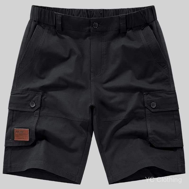 Quần short cotton nhiều túi mùa hè dành cho nam, quần dài vừa phải dáng rộng, quần short eo co giãn cỡ lớn 8EAO