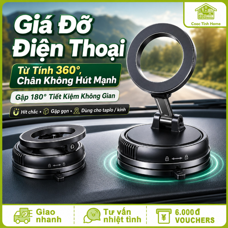Giá Đỡ Điện Thoại - Từ Tính 360°, Chân Không Hút Mạnh, Gập 180° Tiết Kiệm Không Gian