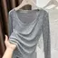 Phong cách Hàn Quốc cổ tròn chấm bi dài tay Slim-fit Giảm tuổi Slimer Nhìn mỏng hơn Áo sơ mi đáy mỏng hàng đầu