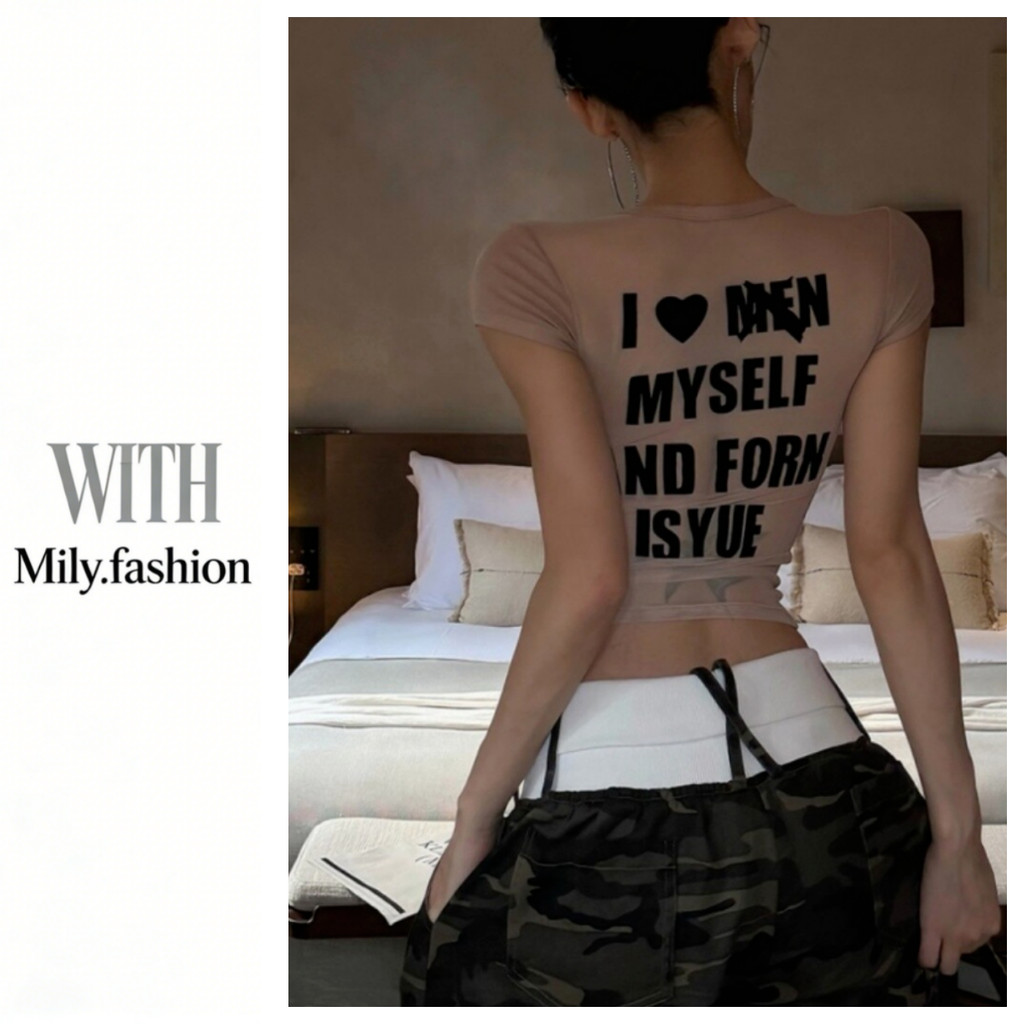 Milyfashion Pure Desire Letter In hình vai Áo thun ngắn tay mùa hè Slim-Fit Áo thun ngắn dáng rộng hẹp cho bé