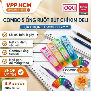 Combo 5 Ống Ruột Chì Kim Deli 0.5mm/0.7mm 2B E7003/E7004 – Nét Viết Đậm, Mượt, Khó Gãy