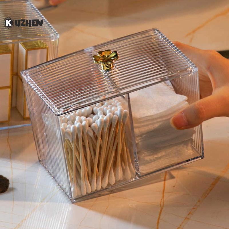 Giá đỡ miếng đệm bông nhiều ngăn trong suốt KUZHEN có nắp, tiện lợi để đựng khăn bông và trang điểm HOT