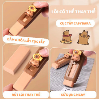 Gôm tẩy bút chì Capybara dạng kéo đẩy gắn charm hoạt hình dễ thương cho học sinh xóa sạch không vụn