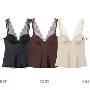 Áo ba lỗ nữ CAST, Áo hai dây ren gợi cảm cổ điển, Áo hai dây cổ chữ V đa năng Satin màu trơn dành cho nữ