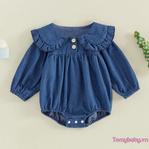 Bộ áo liền quần Denim dài tay cổ búp bê có nút phía trước cho mùa xuân thu