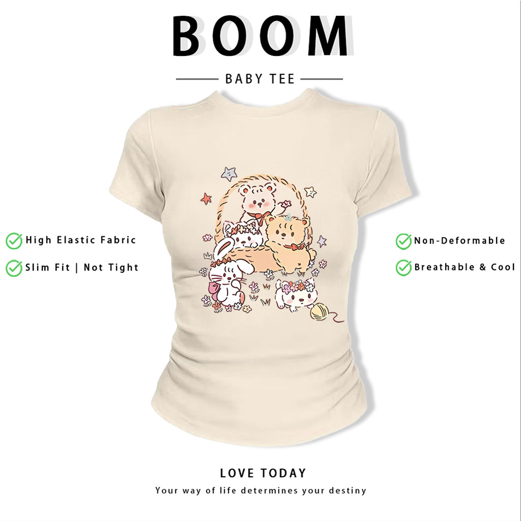 BOOM Áo Baby Tee Nữ Cotton Ôm Body-Áo Thun Ngắn Tay Y2K In Hình PhongCách Mùa Hè, Cổ Tròn Hàng Đầucách hàn quốc phong079