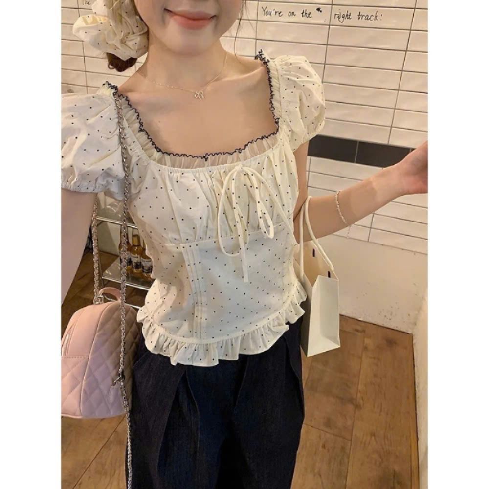 ( TẶNG KÈM SRUNCHIES) ÁO CHẤM BI PHỐI REN MẶC 2 KIỂU (CÓ BIGSIZE) M61196 - Adora 73 - Alisa95